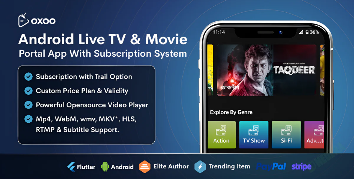 OXOO - Android Live TV & Movie Portal App with Subscription System